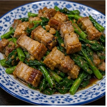 装盘AI 拟真教学图：真实烹饪过程照片：必须表现“装盘”。画面应对应动作：芥兰炒脆皮猪装盘，记录下一次要微调的咸酸甜比例。；加入材料：无新增材料；视觉标准：成品符合 Pad Kana Moo Krob 的颜色、香气和浓度。