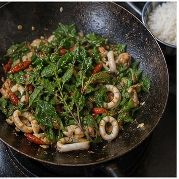 加入配料AI 拟真教学图：真实烹饪过程照片：必须表现“加入配料”。画面应对应动作：加入蔬菜、蘑菇、米粉或其他配料。；加入材料：圣罗勒、辣椒、茉莉香米饭；视觉标准：配料颜色变亮但不过熟。