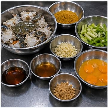 称量主料AI 拟真教学图：真实前期准备照片：必须表现“称量主料”，画面要能对应：按默认 2 人份称量 蟹、咖喱粉、鸡蛋、蒜、鱼露，所有调味料单独放小碗。