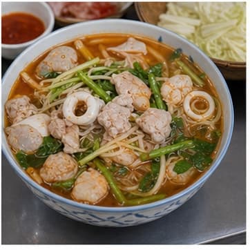 装盘AI 拟真教学图:真实烹饪过程照片:必须表现“装盘”。画面应对应动作:泰式火锅装盘,记录下一次要微调的咸酸甜比例。;加入材料:无新增材料;视觉标准:成品符合 Thai Suki 的颜色、香气和浓度。