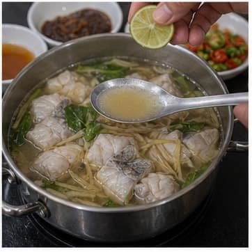 最后校味AI 拟真教学图:真实烹饪过程照片:必须表现“最后校味”。画面应对应动作:根据辣度 2/5 调整酸、咸、甜、辣。;加入材料:无新增材料;视觉标准:味道有层次,没有单项突出。