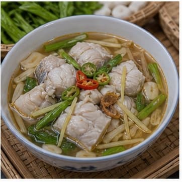 装盘AI 拟真教学图:真实烹饪过程照片:必须表现“装盘”。画面应对应动作:酸姜鱼汤装盘,记录下一次要微调的咸酸甜比例。;加入材料:无新增材料;视觉标准:成品符合 Tom Som Pla 的颜色、香气和浓度。