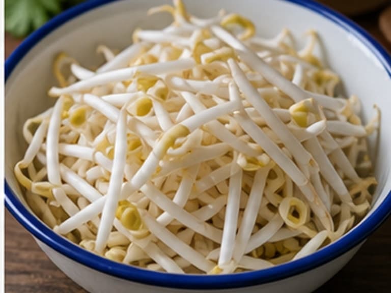 豆芽AI 拟真教学图:真实食材照片:必须是 豆芽 / bean sprouts 本身,最好体现120g 入锅,剩余生豆芽装盘。;不能用成品菜、插画或普通替代品。