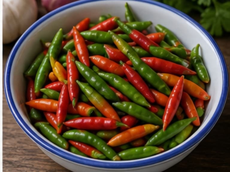 鸟眼辣椒AI 拟真教学图:真实食材照片:必须是 鸟眼辣椒 / bird's eye chilies 本身,最好体现4-10g 按辣度调整。;不能用成品菜、插画或普通替代品。