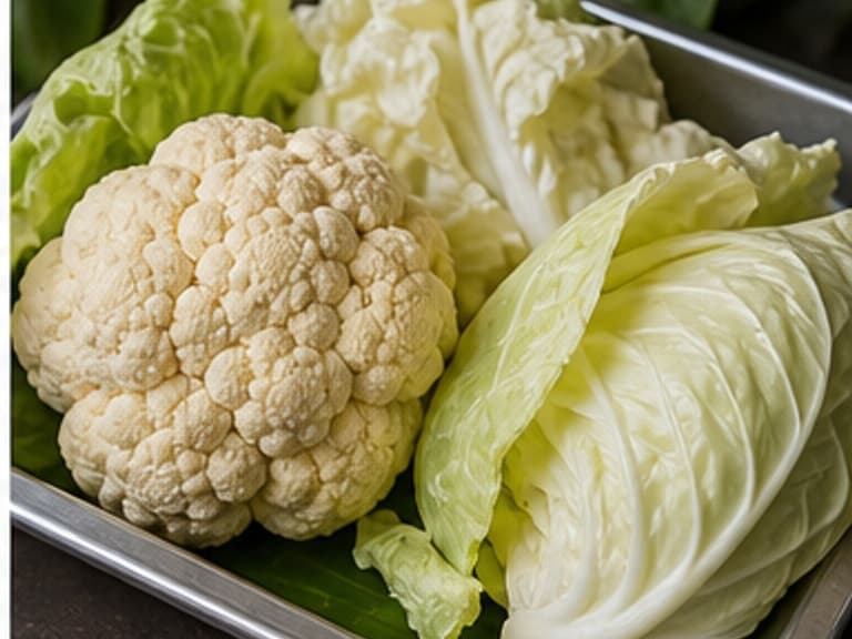 菜花或白菜AI 拟真教学图:真实食材照片:必须是 菜花或白菜 / cauliflower or cabbage 本身,最好体现按净重称量,烹饪前单独备好。;不能用成品菜、插画或普通替代品。
