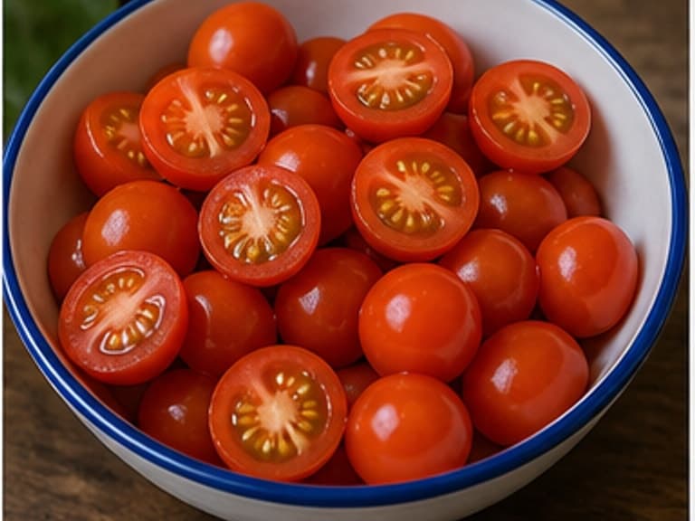 小番茄AI 拟真教学图:真实食材照片:必须是 小番茄 / cherry tomatoes 本身,最好体现对半切。;不能用成品菜、插画或普通替代品。
