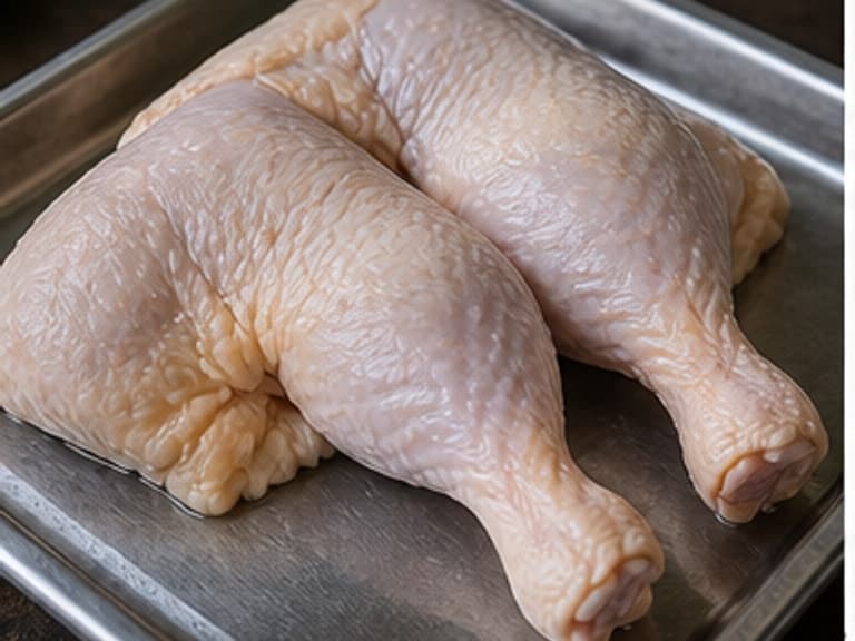 鸡腿排或半鸡AI 拟真教学图:真实食材照片:必须是 鸡腿排或半鸡 / chicken leg quarters or half chicken 本身,最好体现按净重称量,烹饪前单独备好。;不能用成品菜、插画或普通替代品。