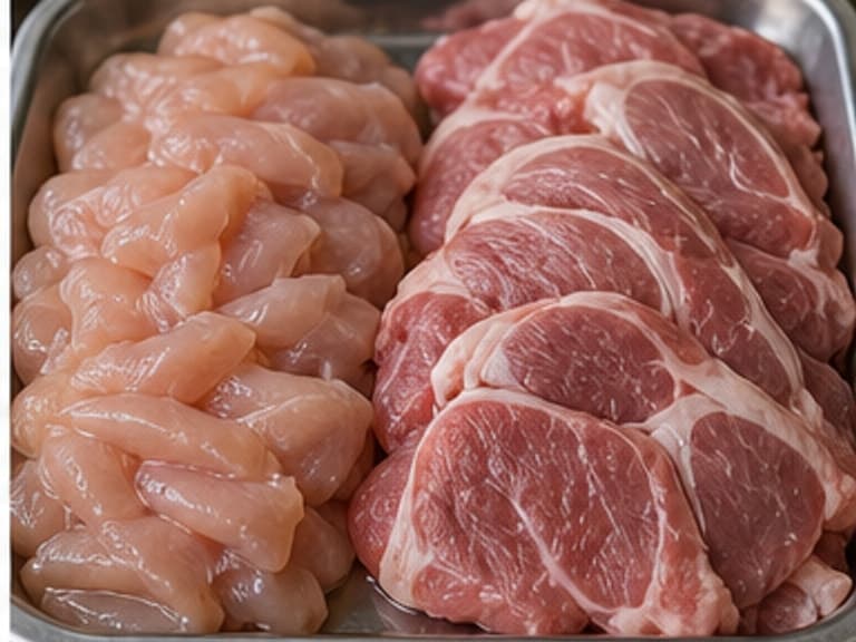 鸡肉或猪肉片AI 拟真教学图:真实食材照片:必须是 鸡肉或猪肉片 / chicken or pork slices 本身,最好体现按净重称量,烹饪前单独备好。;不能用成品菜、插画或普通替代品。