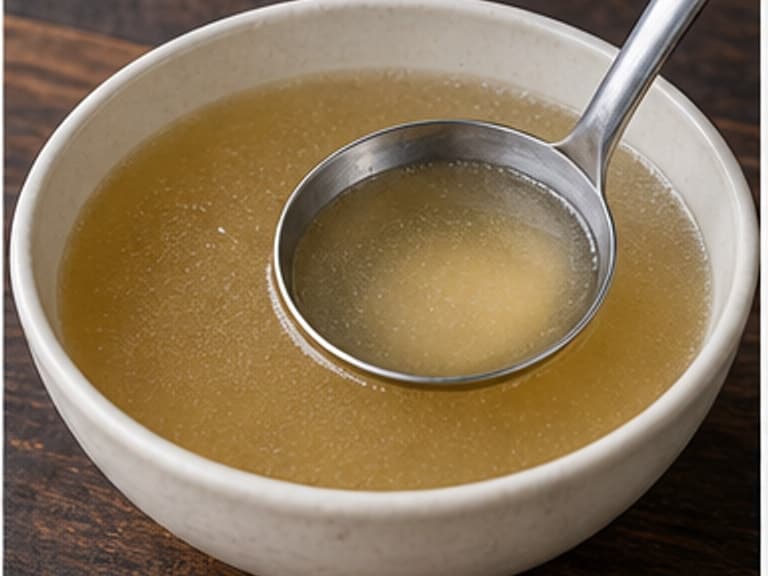 鸡汤AI 拟真教学图:真实食材照片:必须是 鸡汤 / chicken stock 本身,最好体现按净重称量,烹饪前单独备好。;不能用成品菜、插画或普通替代品。
