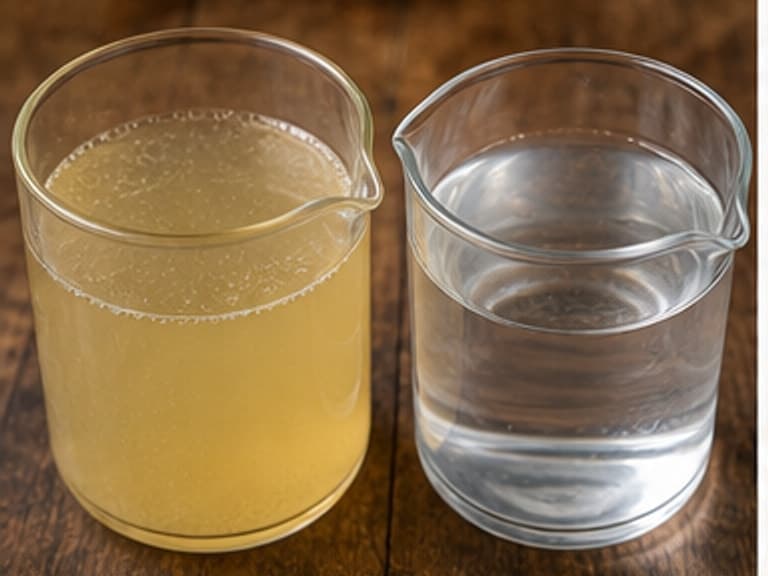鸡汤或清水AI 拟真教学图:真实食材照片:必须是 鸡汤或清水 / chicken stock or water 本身,最好体现鸡汤更圆润,清水更清爽。;不能用成品菜、插画或普通替代品。