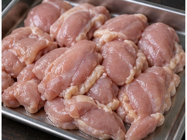 鸡腿肉AI 拟真教学图:真实食材照片:必须是 鸡腿肉 / chicken thigh 本身,最好体现切 3cm 块。;不能用成品菜、插画或普通替代品。
