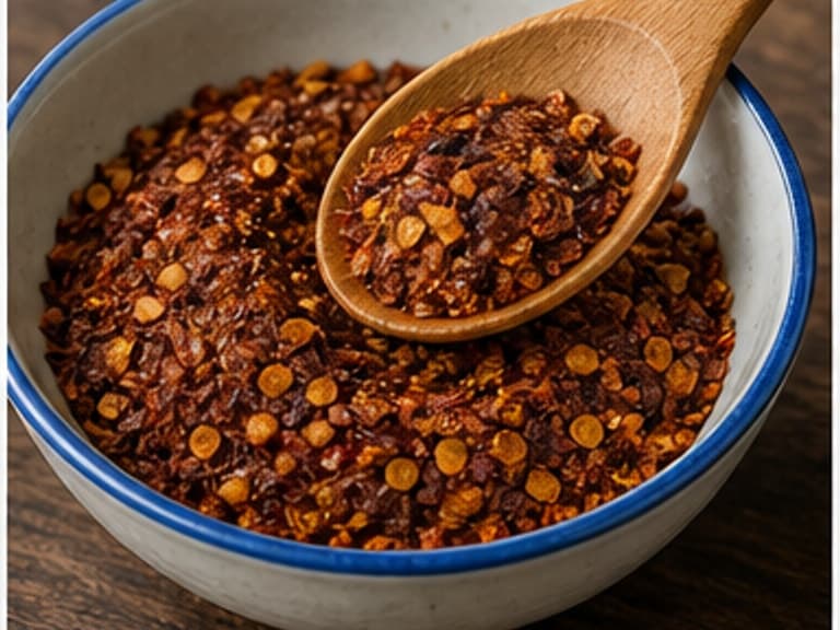 辣椒粉AI 拟真教学图:真实食材照片:必须是 辣椒粉 / chili flakes 本身,最好体现装盘后自调辣度。;不能用成品菜、插画或普通替代品。