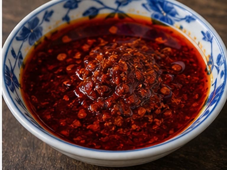 辣椒油AI 拟真教学图:真实食材照片:必须是 辣椒油 / chili oil 本身,最好体现按净重称量,烹饪前单独备好。;不能用成品菜、插画或普通替代品。