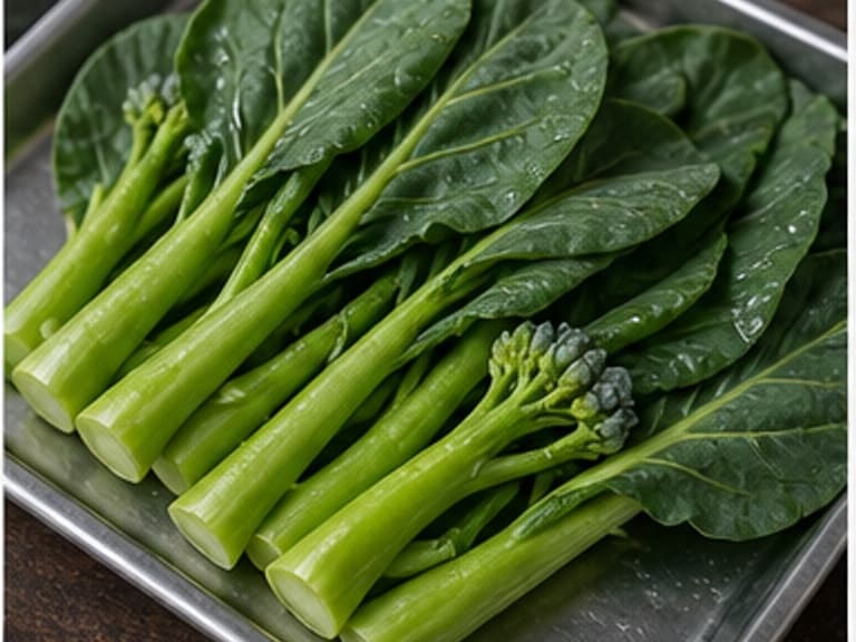 芥兰AI 拟真教学图:真实食材照片:必须是 芥兰 / Chinese kale 本身,最好体现按净重称量,烹饪前单独备好。;不能用成品菜、插画或普通替代品。
