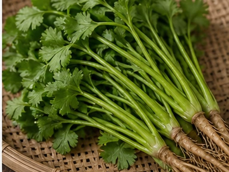香菜AI 拟真教学图:真实食材照片:必须是 香菜 / cilantro 本身,最好体现按净重称量,烹饪前单独备好。;不能用成品菜、插画或普通替代品。