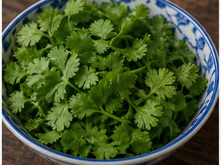 香菜叶AI 拟真教学图:真实食材照片:必须是 香菜叶 / cilantro leaves 本身,最好体现装碗后撒。;不能用成品菜、插画或普通替代品。