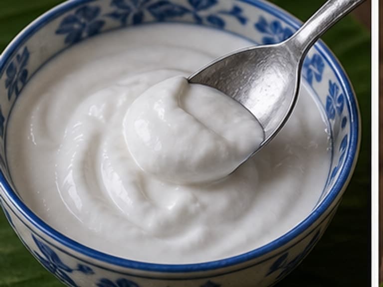 浓椰浆AI 拟真教学图:真实食材照片:必须是 浓椰浆 / coconut milk for topping 本身,最好体现按净重称量,烹饪前单独备好。;不能用成品菜、插画或普通替代品。