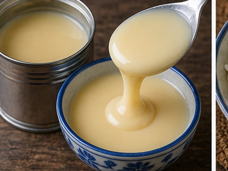 炼奶AI 拟真教学图:真实食材照片:必须是 炼奶 / condensed milk 本身,最好体现按净重称量,烹饪前单独备好。;不能用成品菜、插画或普通替代品。
