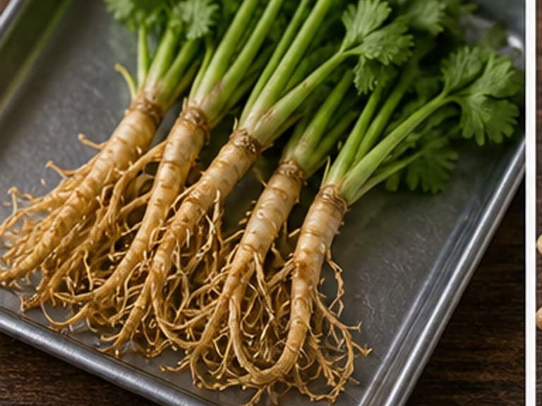 香菜根AI 拟真教学图:真实食材照片:必须是 香菜根 / coriander roots 本身,最好体现拍裂;没有时用香菜梗加少量白胡椒。;不能用成品菜、插画或普通替代品。