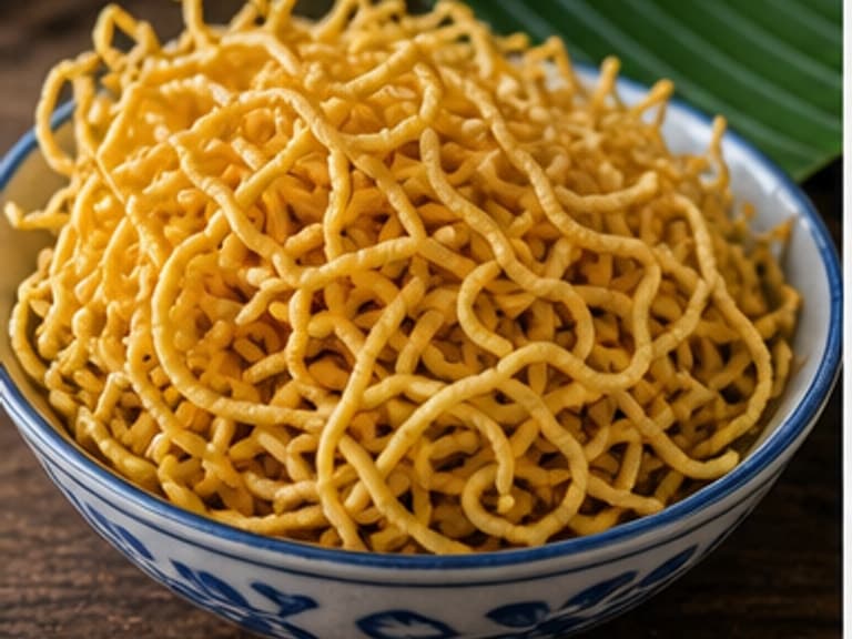 炸脆蛋面AI 拟真教学图:真实食材照片:必须是 炸脆蛋面 / crispy fried egg noodles 本身,最好体现按净重称量,烹饪前单独备好。;不能用成品菜、插画或普通替代品。