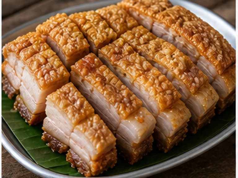 脆皮猪AI 拟真教学图:真实食材照片:必须是 脆皮猪 / crispy pork 本身,最好体现按净重称量,烹饪前单独备好。;不能用成品菜、插画或普通替代品。