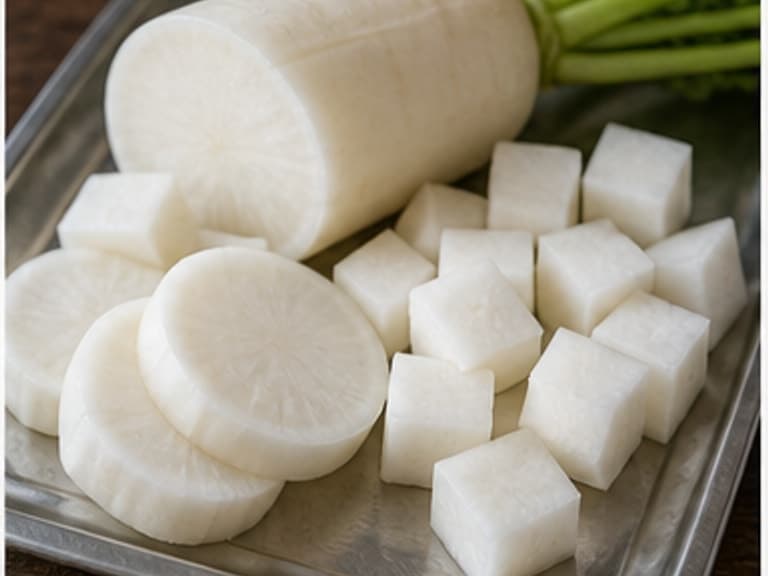 白萝卜AI 拟真教学图:真实食材照片:必须是 白萝卜 / daikon 本身,最好体现按净重称量,烹饪前单独备好。;不能用成品菜、插画或普通替代品。