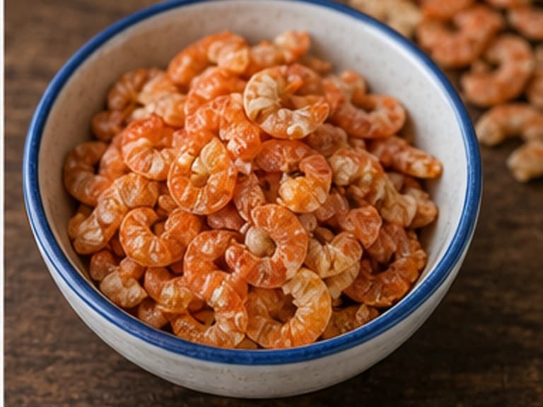 虾米AI 拟真教学图:真实食材照片:必须是 虾米 / dried shrimp 本身,最好体现泡软。;不能用成品菜、插画或普通替代品。