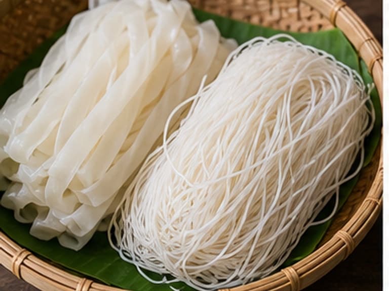 干泰式细河粉AI 拟真教学图:真实食材照片:必须是 干泰式细河粉 / dried Thai rice noodles 本身,最好体现室温水泡 45-60 分钟,能弯曲但不断。;不能用成品菜、插画或普通替代品。
