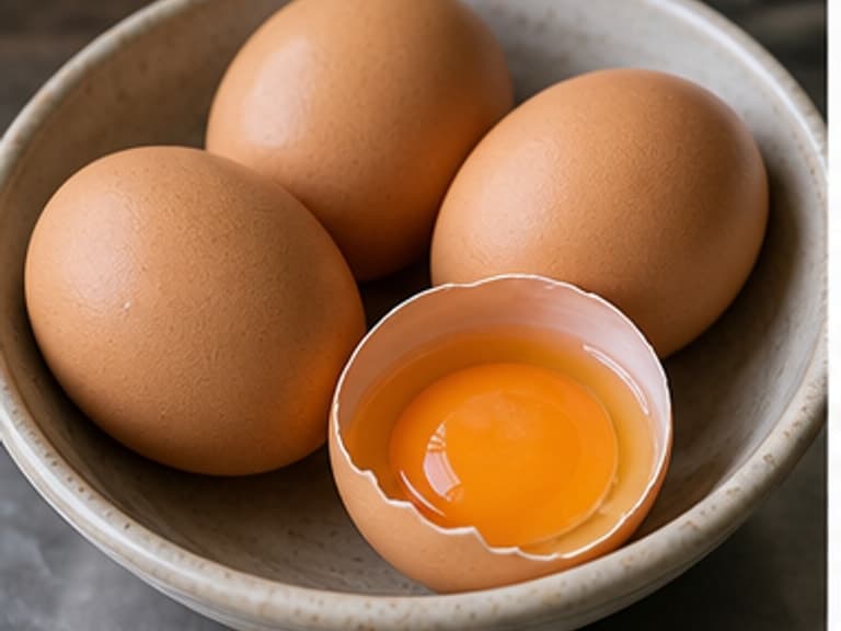 鸡蛋AI 拟真教学图:真实食材照片:必须是 鸡蛋 / eggs 本身,最好体现最后在锅边摊开。;不能用成品菜、插画或普通替代品。
