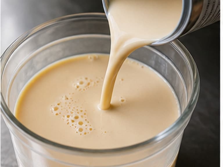 淡奶AI 拟真教学图:真实食材照片:必须是 淡奶 / evaporated milk 本身,最好体现可选,做浓汤版才加。;不能用成品菜、插画或普通替代品。