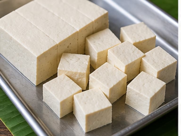 硬豆腐AI 拟真教学图:真实食材照片:必须是 硬豆腐 / firm tofu 本身,最好体现切条,先煎到边缘微黄。;不能用成品菜、插画或普通替代品。