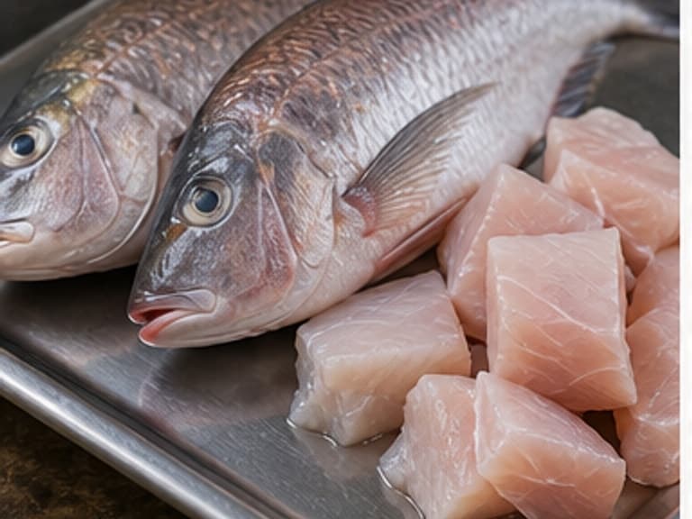 鱼AI 拟真教学图:真实食材照片:必须是 鱼 / fish 本身,最好体现按净重称量,烹饪前单独备好。;不能用成品菜、插画或普通替代品。