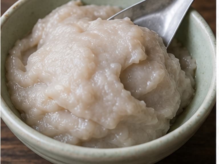 鱼浆AI 拟真教学图:真实食材照片:必须是 鱼浆 / fish paste 本身,最好体现按净重称量,烹饪前单独备好。;不能用成品菜、插画或普通替代品。
