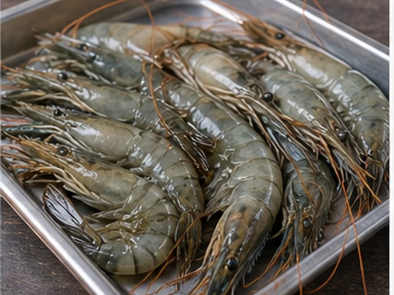 鲜虾AI 拟真教学图:真实食材照片:必须是 鲜虾 / fresh prawns 本身,最好体现去壳开背,擦干。;不能用成品菜、插画或普通替代品。