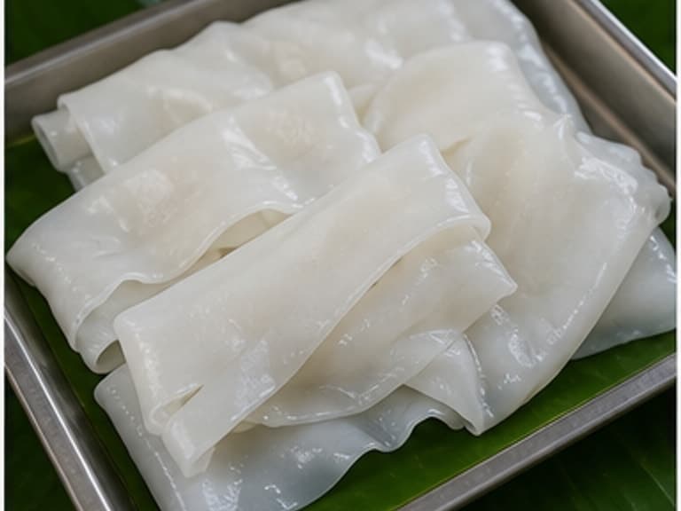 新鲜宽河粉AI 拟真教学图:真实食材照片:必须是 新鲜宽河粉 / fresh wide rice noodles 本身,最好体现按净重称量,烹饪前单独备好。;不能用成品菜、插画或普通替代品。
