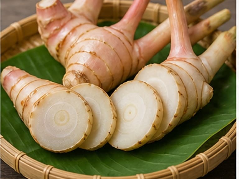 南姜AI 拟真教学图:真实食材照片:必须是 南姜 / galangal 本身,最好体现切片。;不能用成品菜、插画或普通替代品。