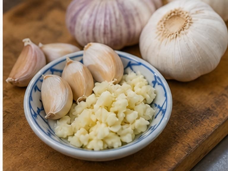 蒜AI 拟真教学图:真实食材照片:必须是 蒜 / garlic 本身,最好体现按净重称量,烹饪前单独备好。;不能用成品菜、插画或普通替代品。
