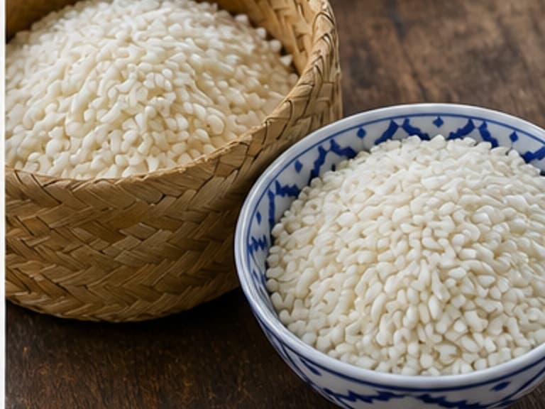 糯米AI 拟真教学图:真实食材照片:必须是 糯米 / glutinous rice 本身,最好体现按净重称量,烹饪前单独备好。;不能用成品菜、插画或普通替代品。