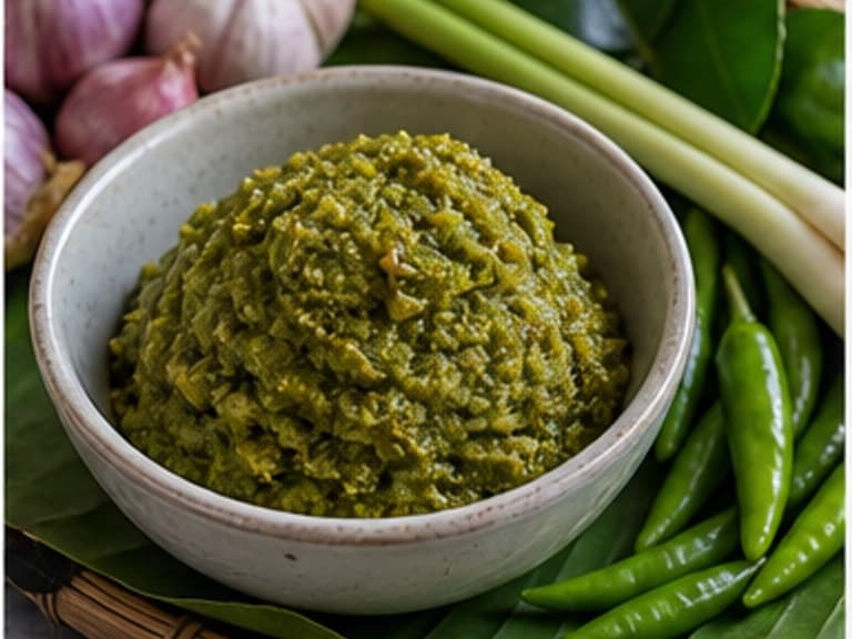 绿咖喱酱AI 拟真教学图:真实食材照片:必须是 绿咖喱酱 / green curry paste 本身,最好体现按净重称量,烹饪前单独备好。;不能用成品菜、插画或普通替代品。