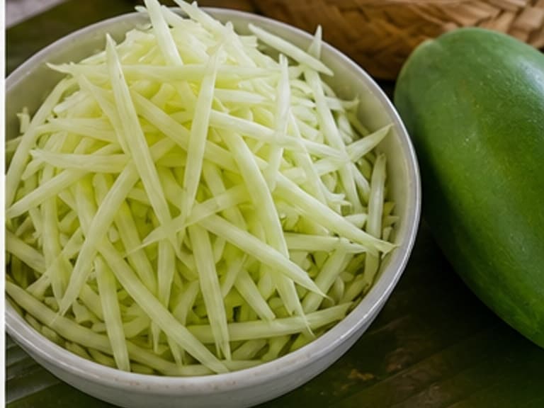 青木瓜丝AI 拟真教学图:真实食材照片:必须是 青木瓜丝 / green papaya shreds 本身,最好体现去皮刨丝,泡冰水 10 分钟后沥干。;不能用成品菜、插画或普通替代品。