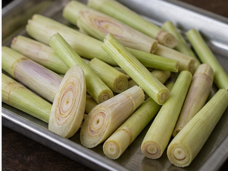 香茅AI 拟真教学图:真实食材照片:必须是 香茅 / lemongrass 本身,最好体现拍裂。;不能用成品菜、插画或普通替代品。