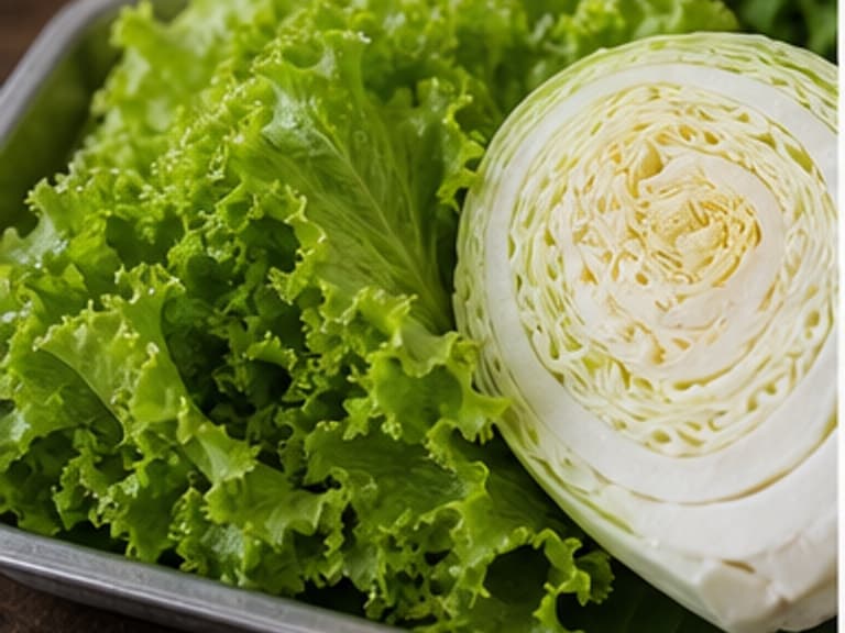 生菜或卷心菜AI 拟真教学图:真实食材照片:必须是 生菜或卷心菜 / lettuce or cabbage 本身,最好体现按净重称量,烹饪前单独备好。;不能用成品菜、插画或普通替代品。