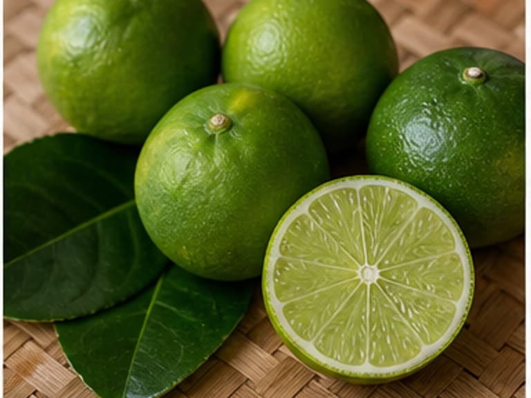 青柠AI 拟真教学图:真实食材照片:必须是 青柠 / lime 本身,最好体现切角上桌。;不能用成品菜、插画或普通替代品。