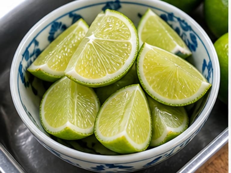 青柠角AI 拟真教学图:真实食材照片:必须是 青柠角 / lime wedges 本身,最好体现上桌后按口味再挤。;不能用成品菜、插画或普通替代品。