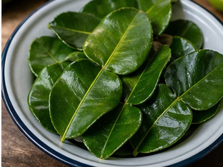 青柠叶AI 拟真教学图:真实食材百科照片:必须是 青柠叶 / Makrut Lime Leaf,不可用普通替代品或抽象插画。