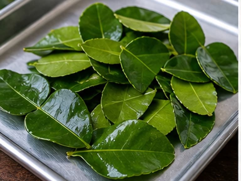 青柠叶AI 拟真教学图:真实食材照片:必须是 青柠叶 / makrut lime leaves 本身,最好体现撕开。;不能用成品菜、插画或普通替代品。