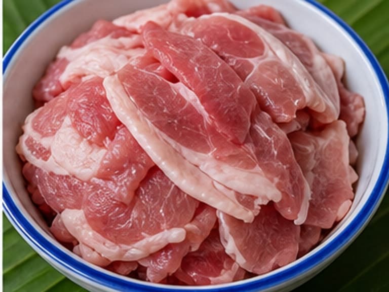 肉片AI 拟真教学图:真实食材照片:必须是 肉片 / meat slices 本身,最好体现按净重称量,烹饪前单独备好。;不能用成品菜、插画或普通替代品。