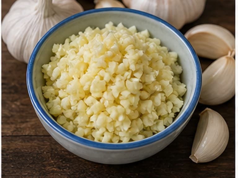 蒜末AI 拟真教学图:真实食材照片:必须是 蒜末 / minced garlic 本身,最好体现按净重称量,烹饪前单独备好。;不能用成品菜、插画或普通替代品。