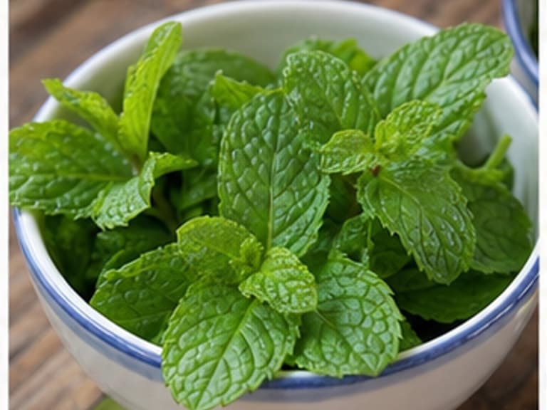 薄荷AI 拟真教学图:真实食材照片:必须是 薄荷 / mint 本身,最好体现按净重称量,烹饪前单独备好。;不能用成品菜、插画或普通替代品。
