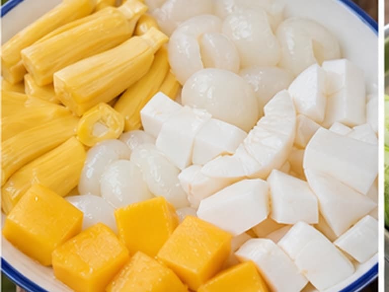 杂果AI 拟真教学图:真实食材照片:必须是 杂果 / mixed fruit 本身,最好体现按净重称量,烹饪前单独备好。;不能用成品菜、插画或普通替代品。